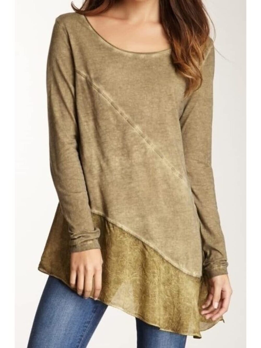Patrizia Luca Asymmetrical Olive Tunic Top XS Modal Cupra Ruffle Hem Made USA